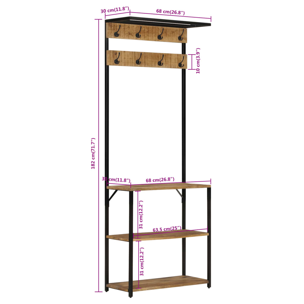 Coat Rack with Shoe Storage 68x30x182 cm Solid Rough Mango Wood