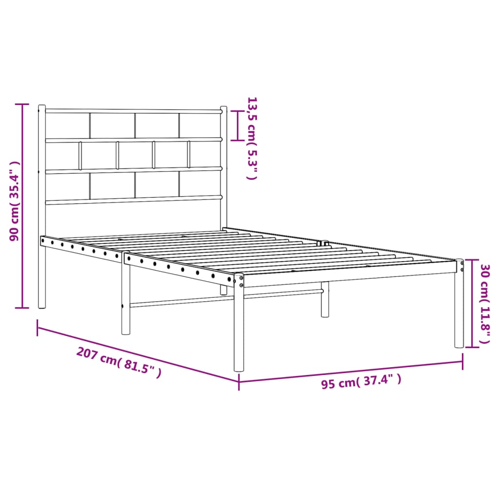 Metal Bed Frame without Mattress with Headboard White 90x200 cm