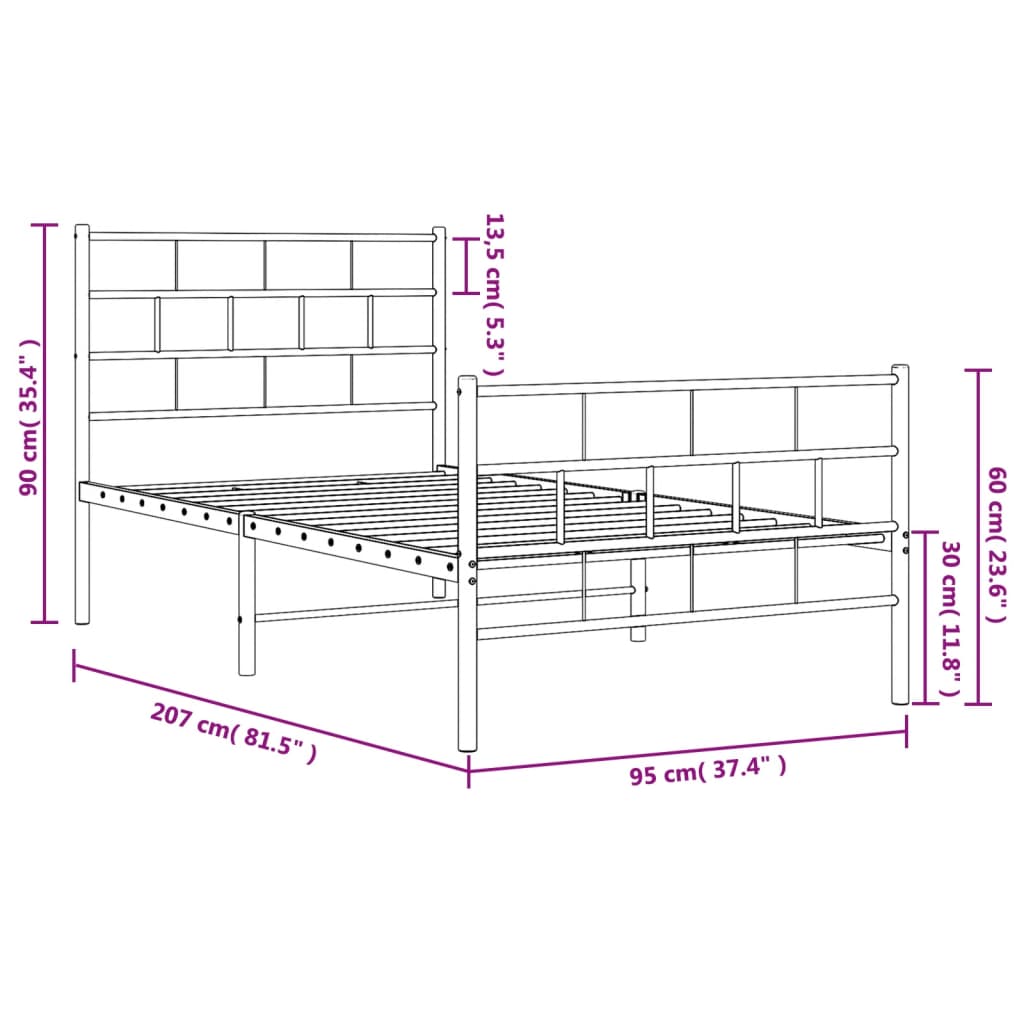 Metal Bed Frame without Mattress with Footboard White 90x200 cm