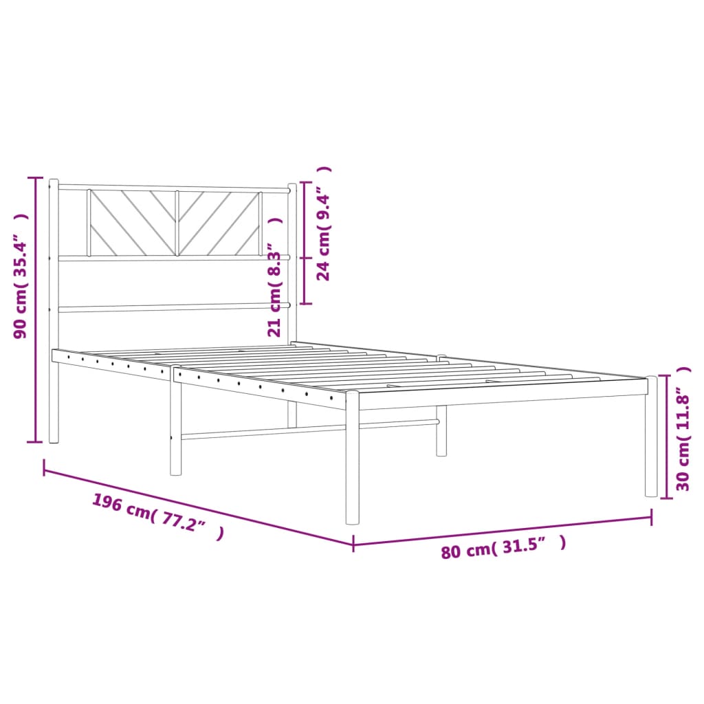 Metal Bed Frame without Mattress with Headboard Black 75x190 cm Small Single