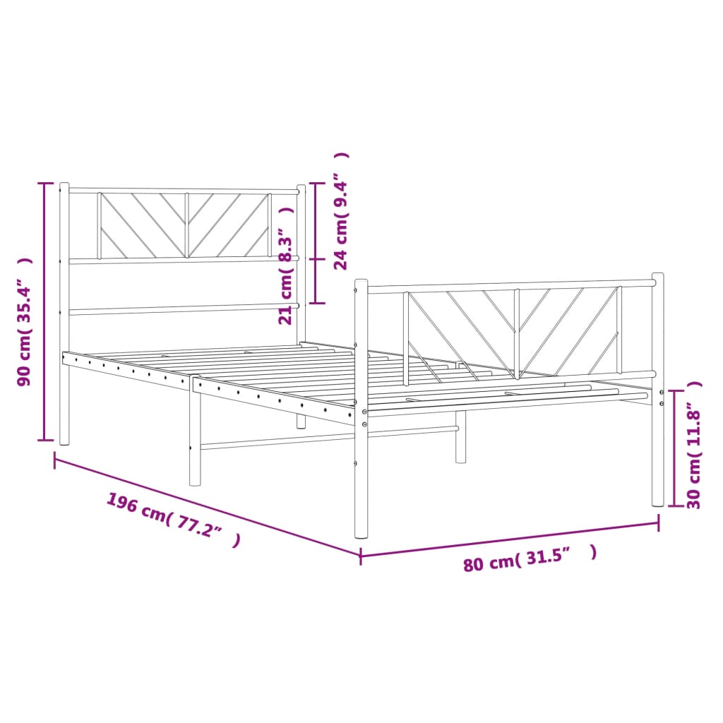 Metal Bed Frame without Mattress with Footboard White 75x190 cm Small Single