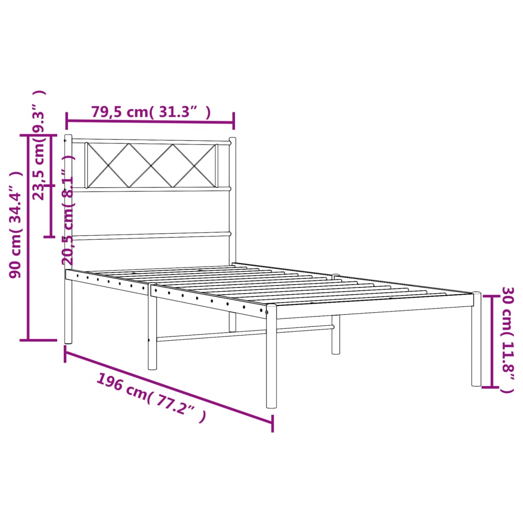 Metal Bed Frame without Mattress with Headboard Black 75x190cm