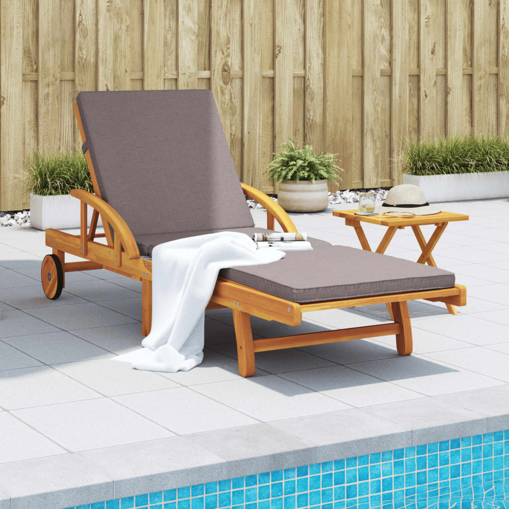 Sun Lounger with Cushion and Table Solid Wood Acacia