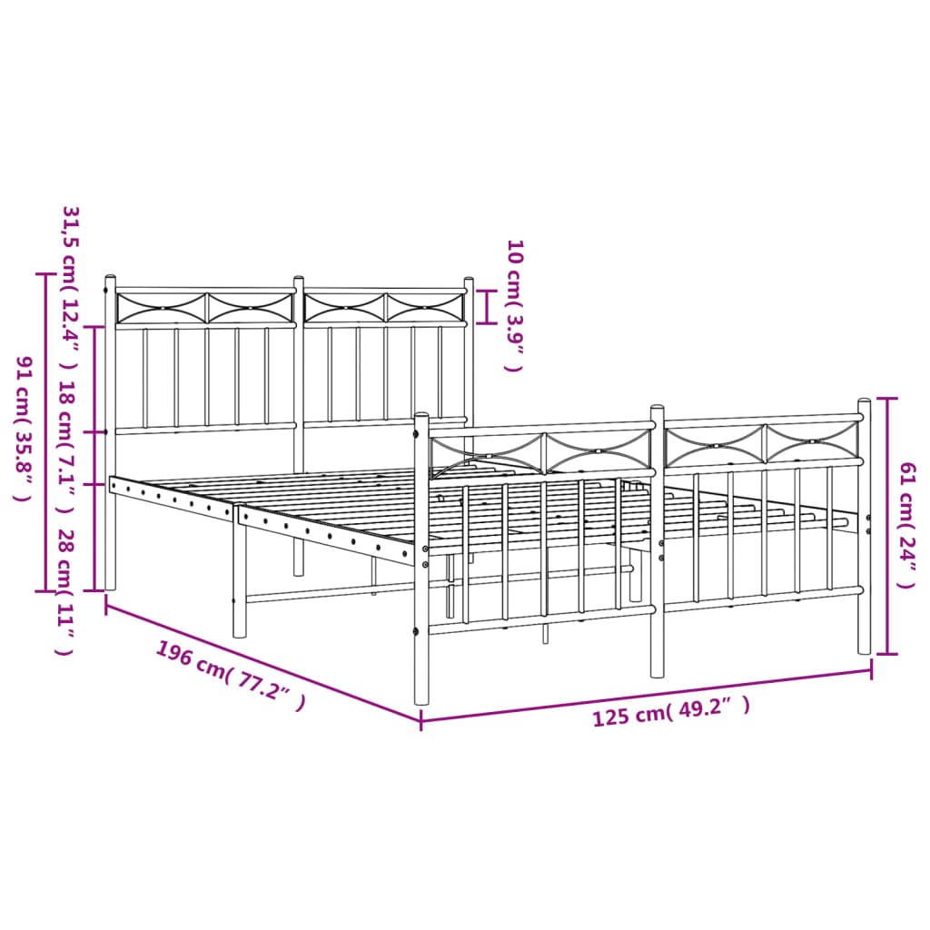 Metal Bed Frame without Mattress with Footboard White 120x190 cm Small Double