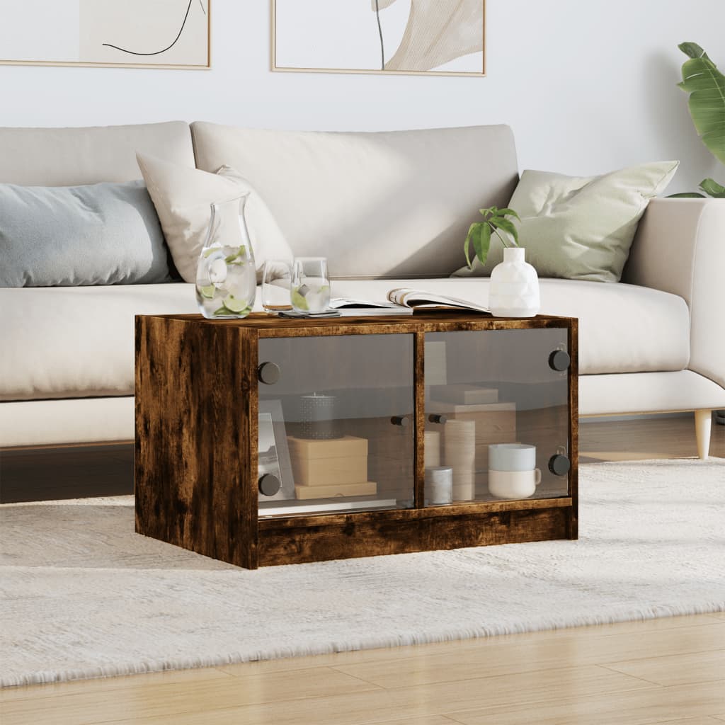 Coffee Table with Glass Doors Smoked Oak 68x50x42 cm