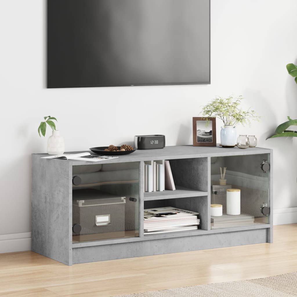 TV Cabinet with Glass Doors Concrete Grey 102x37x42 cm