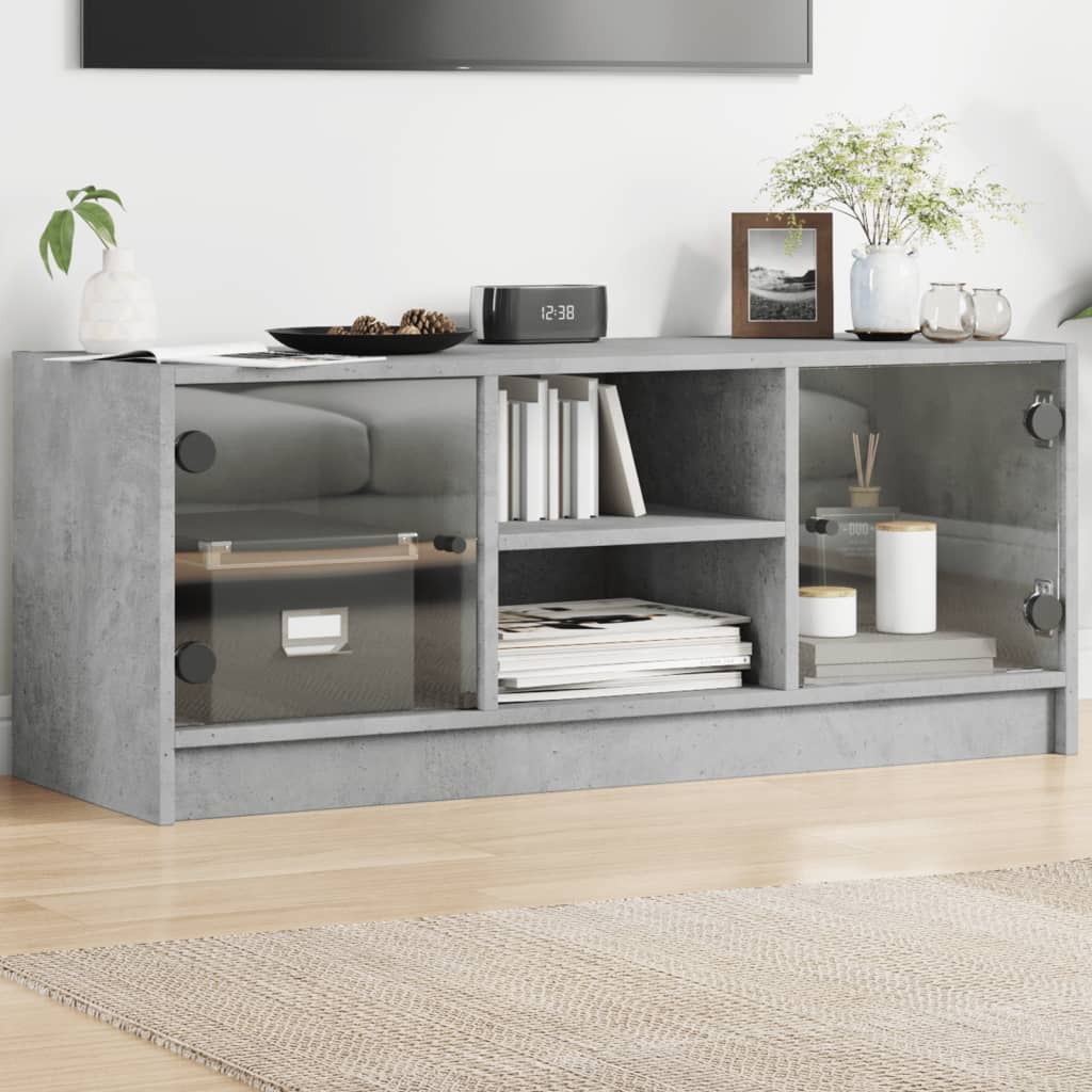 TV Cabinet with Glass Doors Concrete Grey 102x37x42 cm