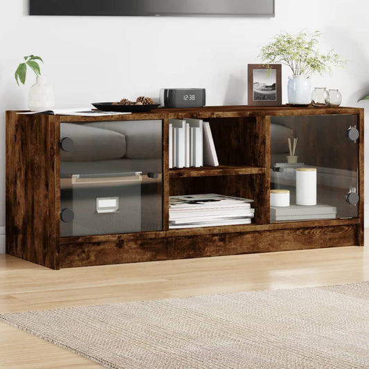 TV Cabinet with Glass Doors Smoked Oak 102x37x42 cm