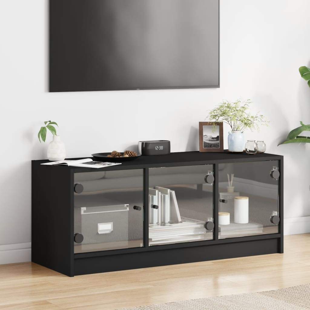 TV Cabinet with Glass Doors Black 102x37x42 cm