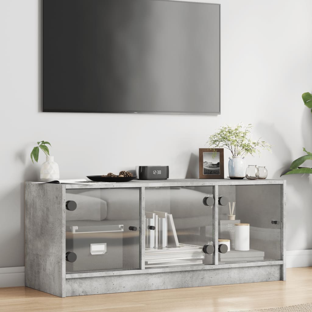 TV Cabinet with Glass Doors Concrete Grey 102x37x42 cm