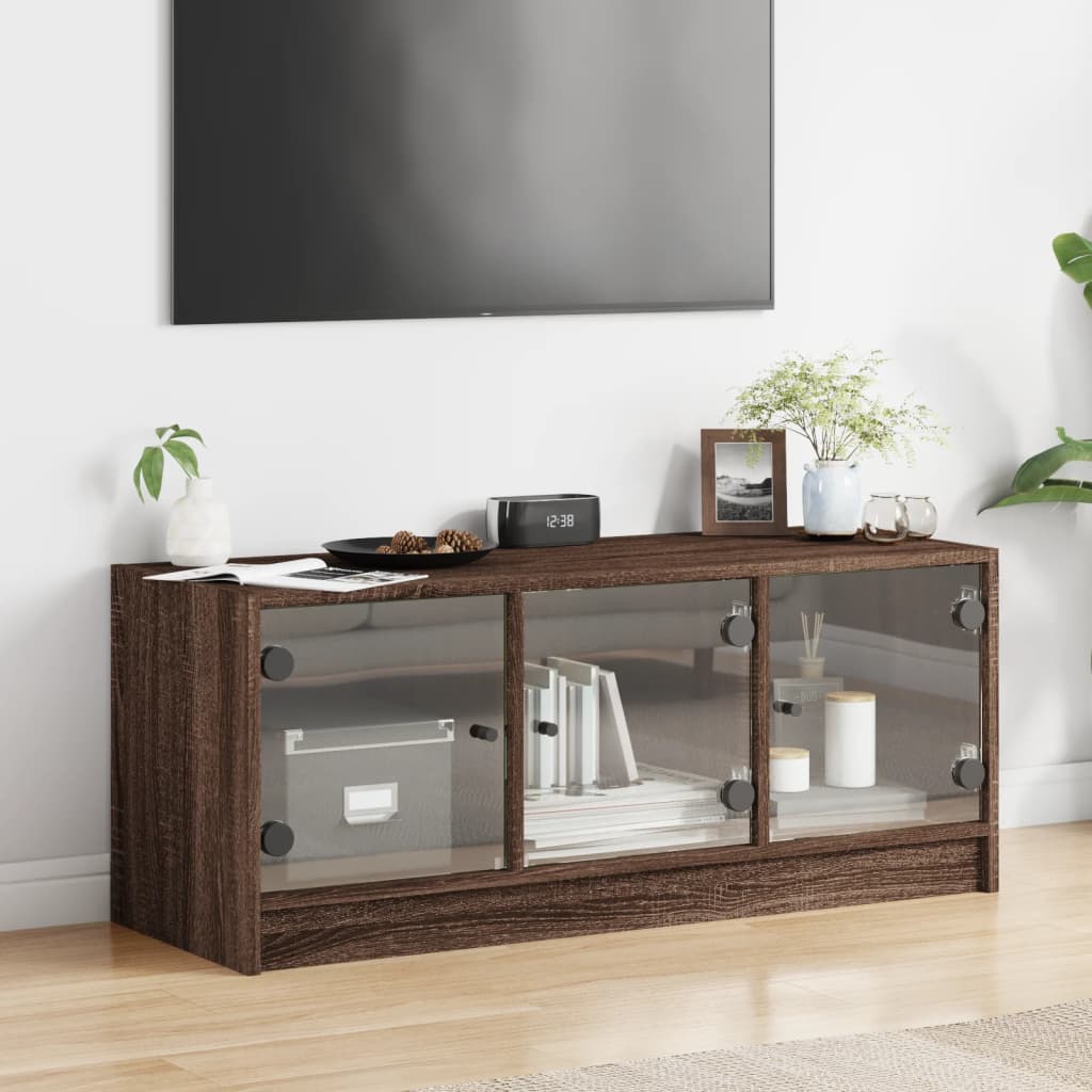 TV Cabinet with Glass Doors Brown Oak 102x37x42 cm