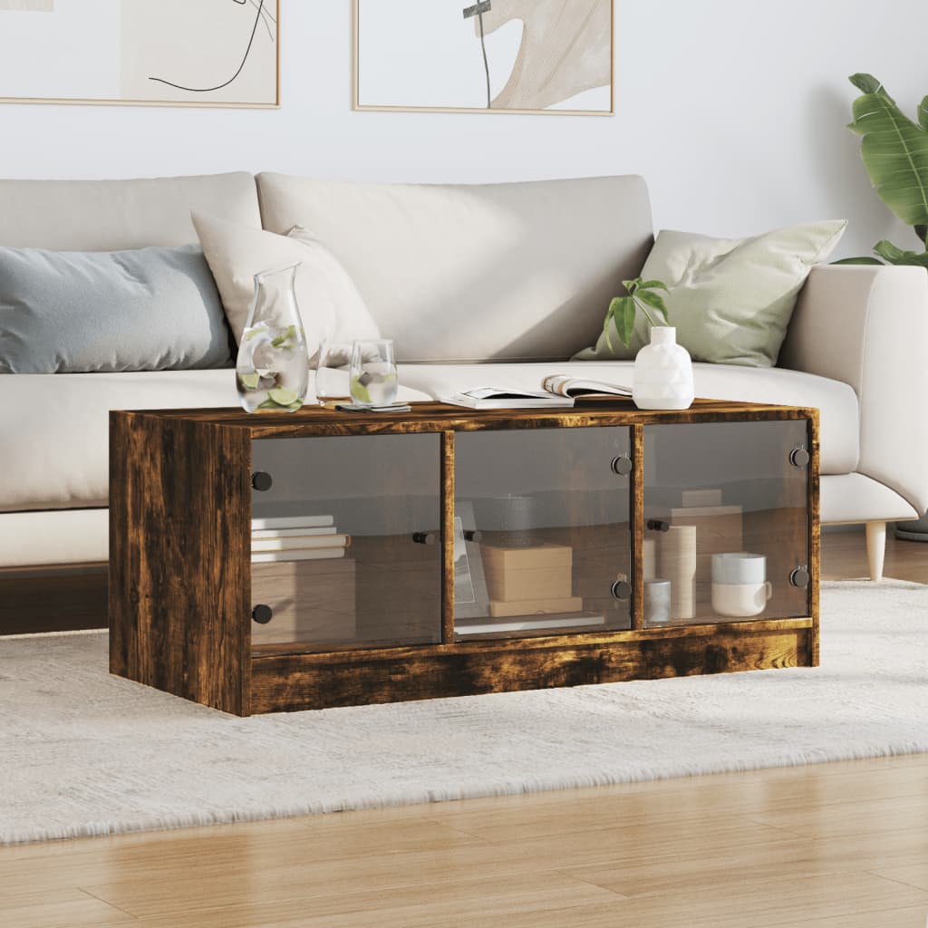 Coffee Table with Glass Doors Smoked Oak 102x50x42 cm