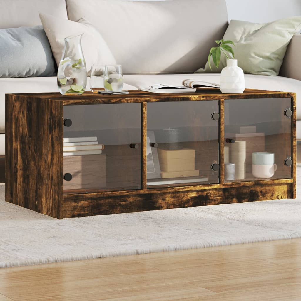 Coffee Table with Glass Doors Smoked Oak 102x50x42 cm