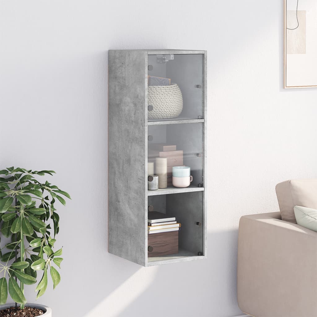 Wall Cabinet with Glass Doors Concrete Grey 35x37x100 cm