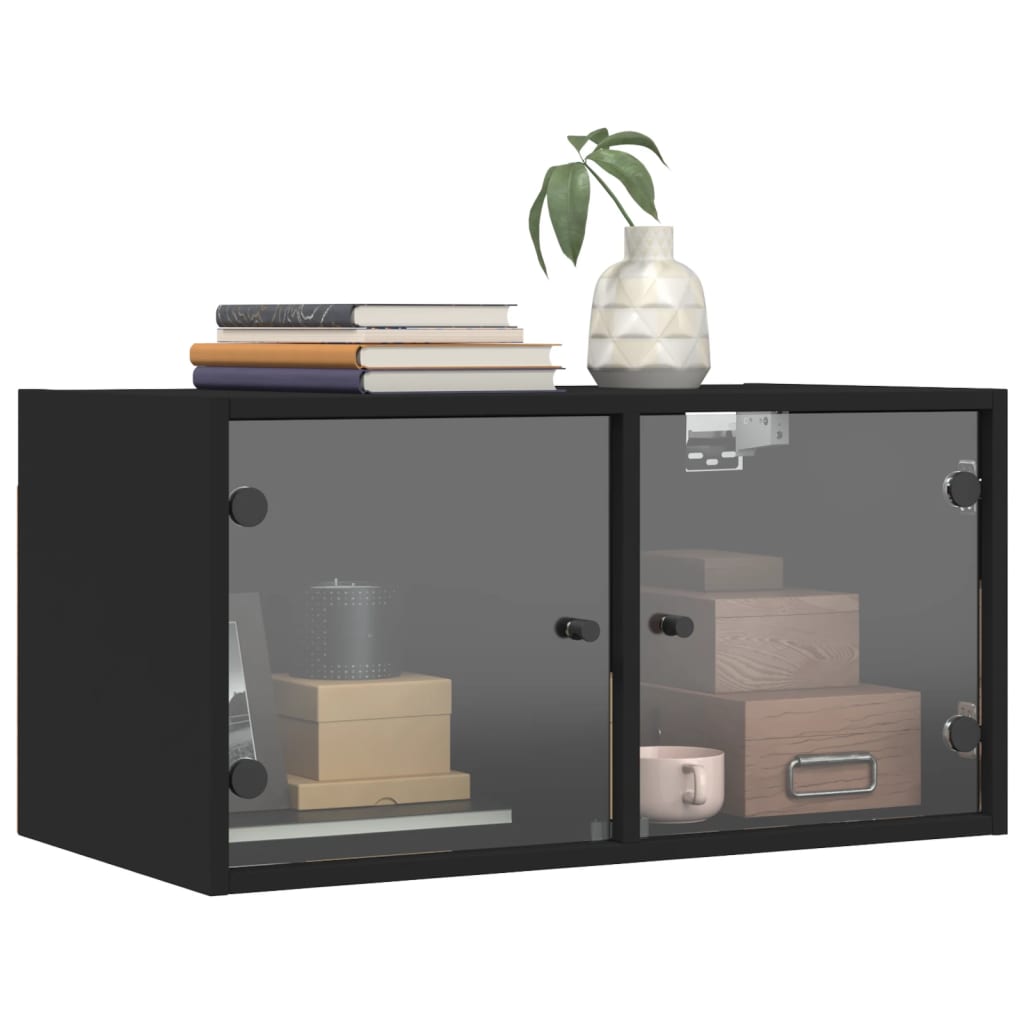 Wall Cabinet with Glass Doors Black 68.5x37x35 cm