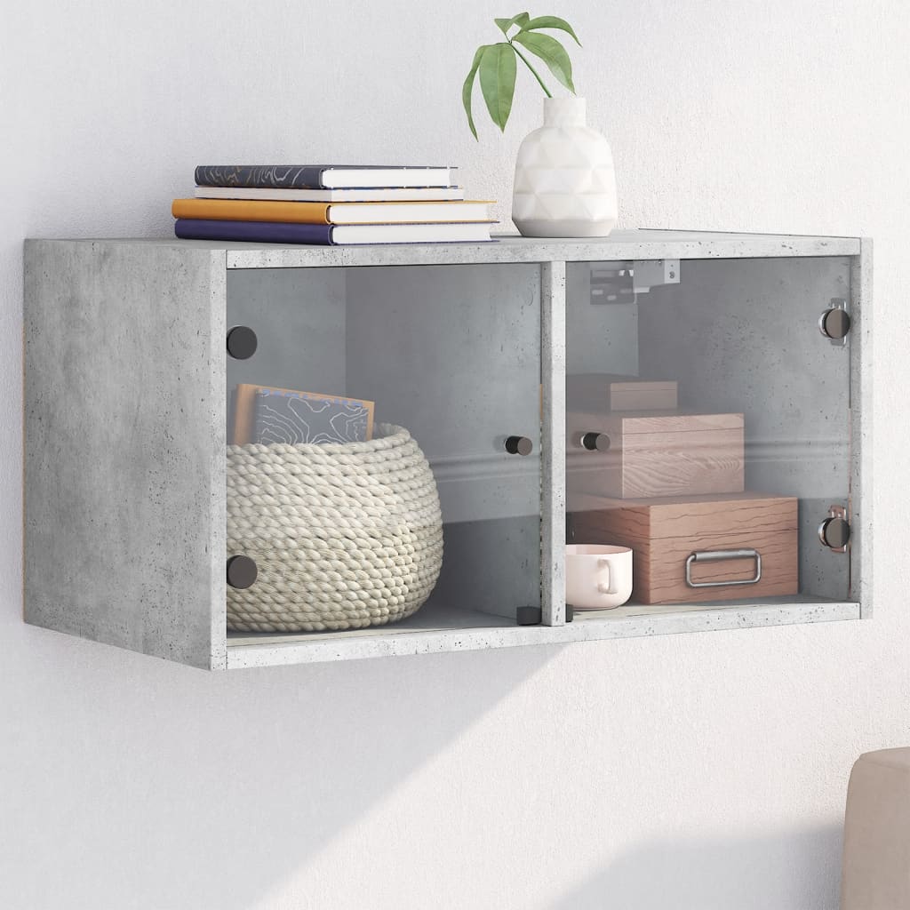 Wall Cabinet with Glass Doors Concrete Grey 68.5x37x35 cm