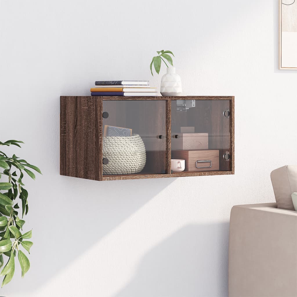 Wall Cabinet with Glass Doors Brown Oak 68.5x37x35 cm