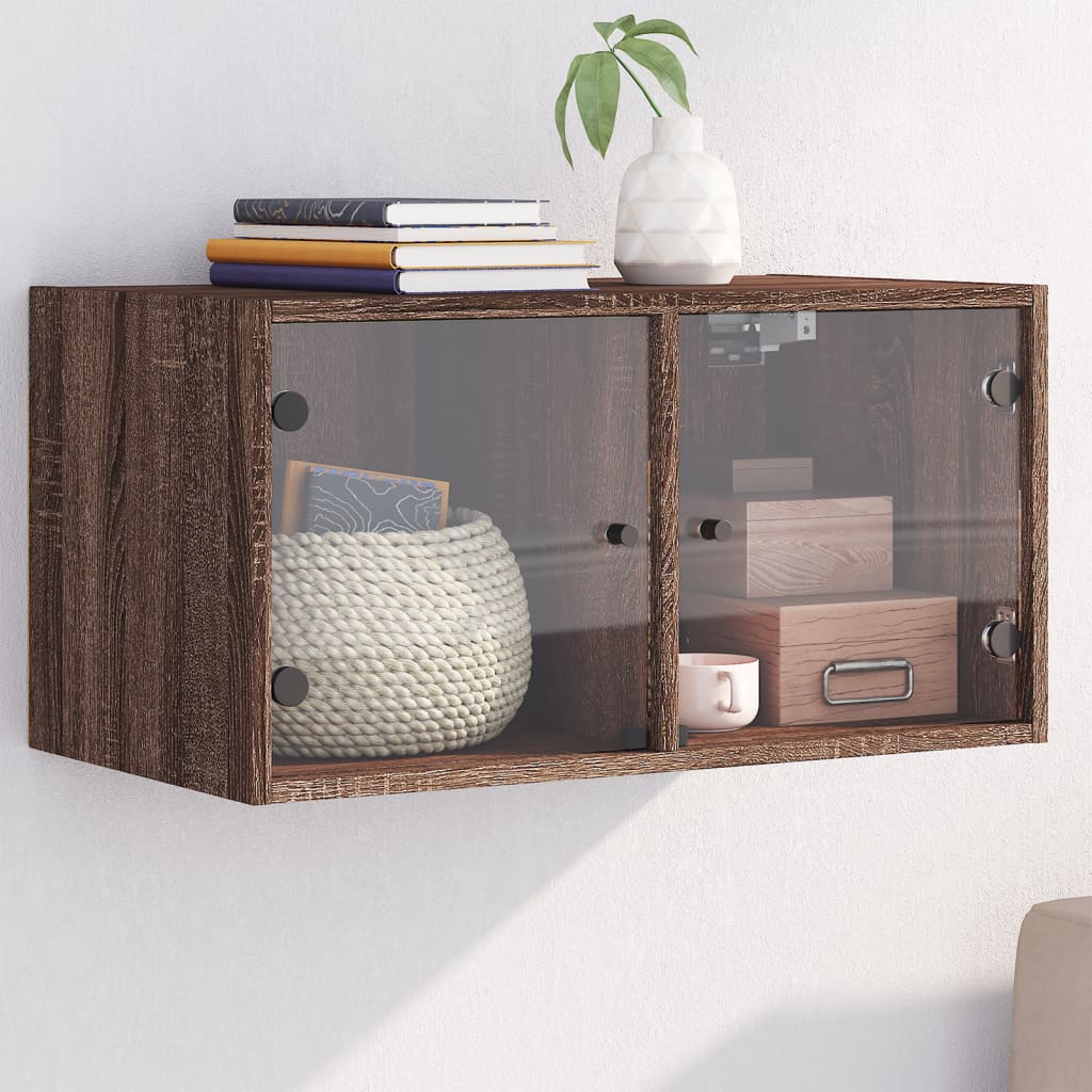 Wall Cabinet with Glass Doors Brown Oak 68.5x37x35 cm