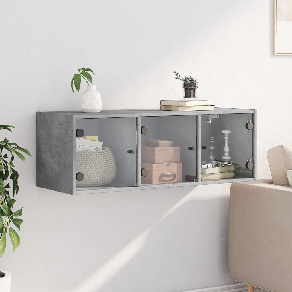 Wall Cabinet with Glass Doors Concrete Grey 102x37x35 cm