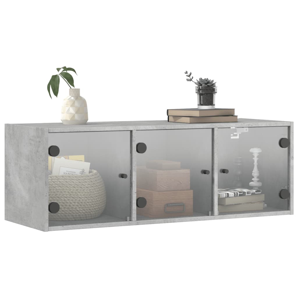 Wall Cabinet with Glass Doors Concrete Grey 102x37x35 cm