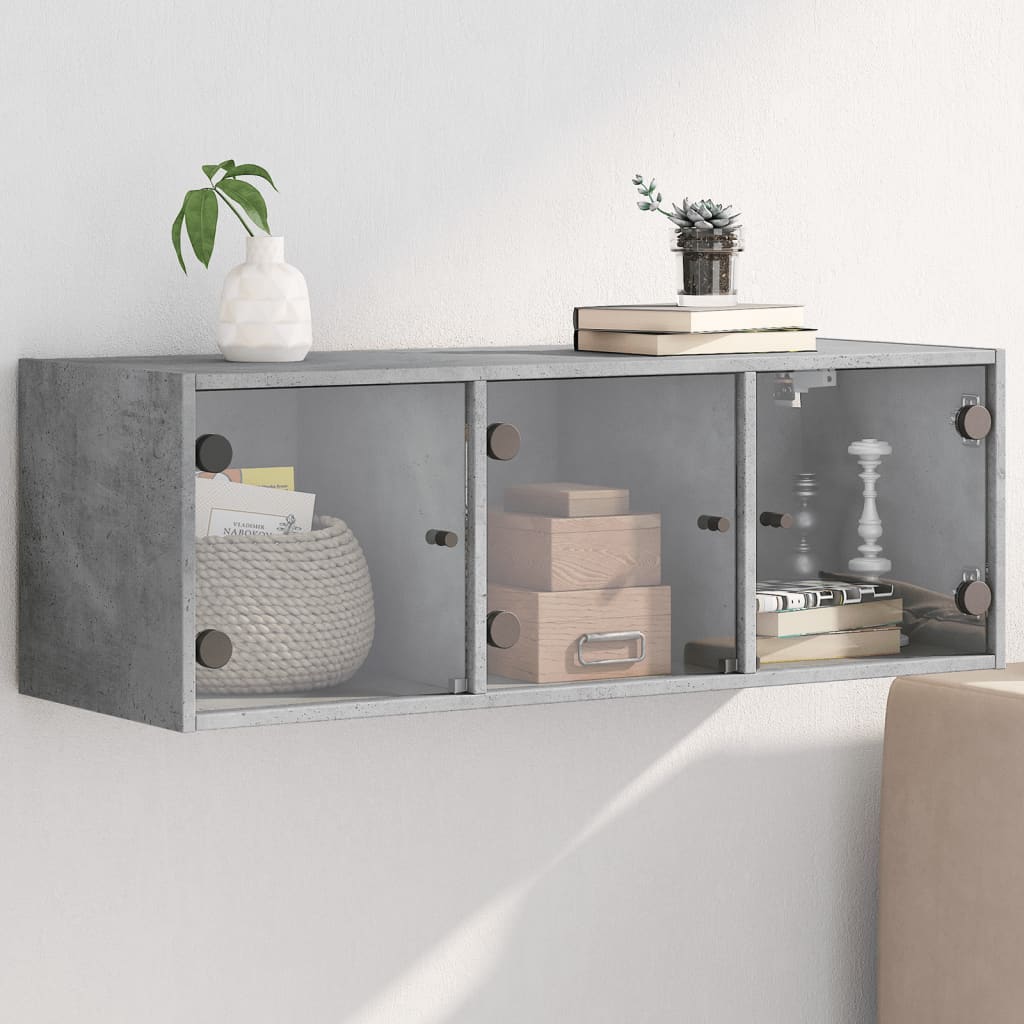 Wall Cabinet with Glass Doors Concrete Grey 102x37x35 cm