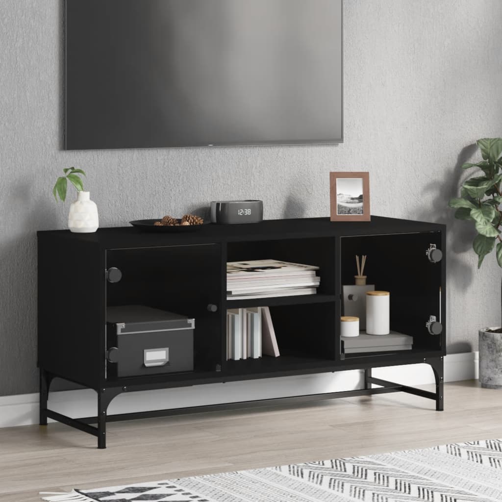 TV Cabinet with Glass Doors Black 102x37x50 cm