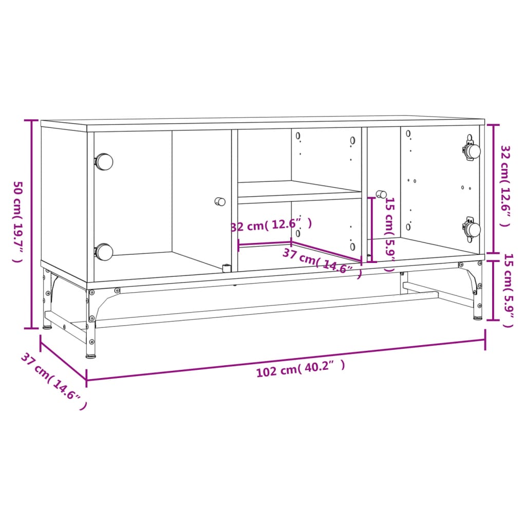 TV Cabinet with Glass Doors Concrete Grey 102x37x50 cm