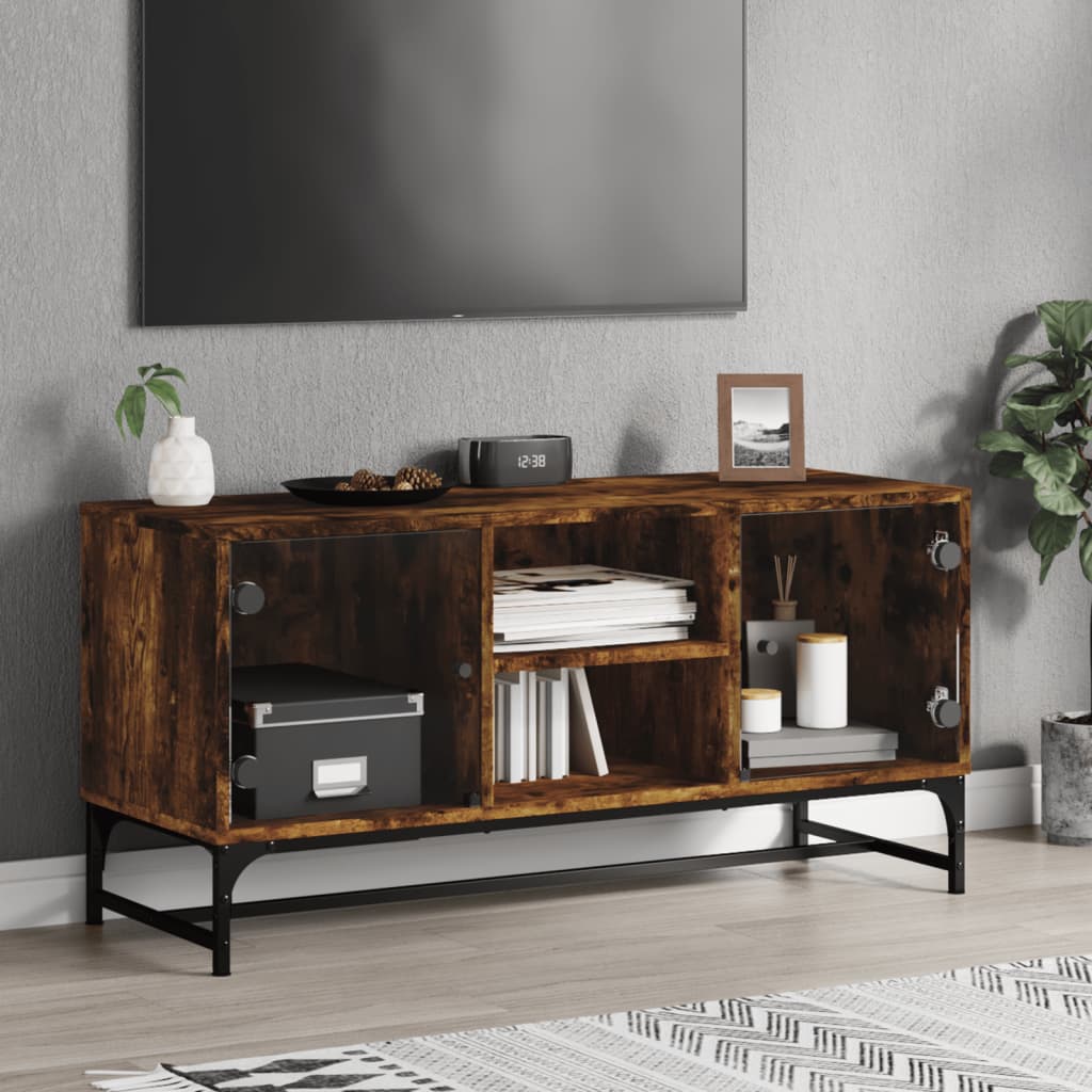 TV Cabinet with Glass Doors Smoked Oak 102x37x50 cm