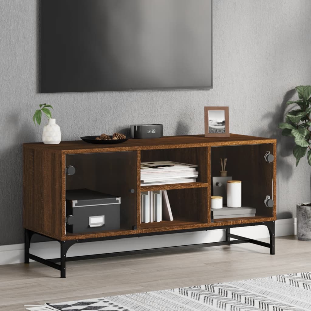 TV Cabinet with Glass Doors Brown Oak 102x37x50 cm