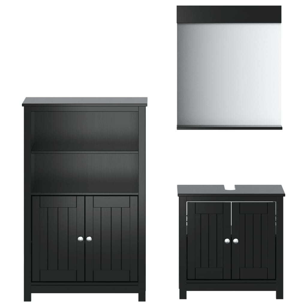 3 Piece Bathroom Furniture Set BERG Black Solid Wood Pine