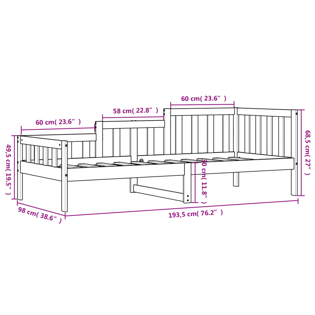 Day Bed without Mattress  90x190 cm Single Solid Wood Pine