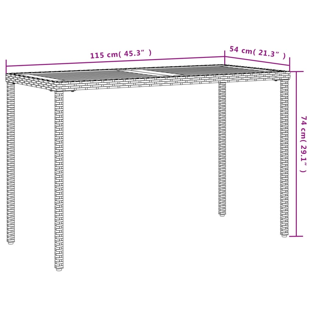 Garden Table with Acacia Wood Top Grey 115x54x74 cm Poly Rattan