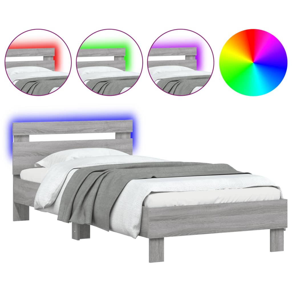 Bed Frame without Mattress with LED Lights Grey Sonoma 75x190 cm Small Single