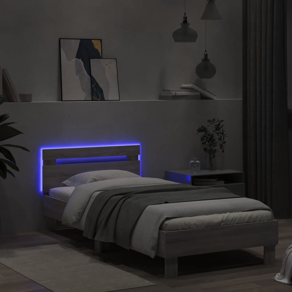 Bed Frame without Mattress with LED Lights Grey Sonoma 75x190 cm Small Single