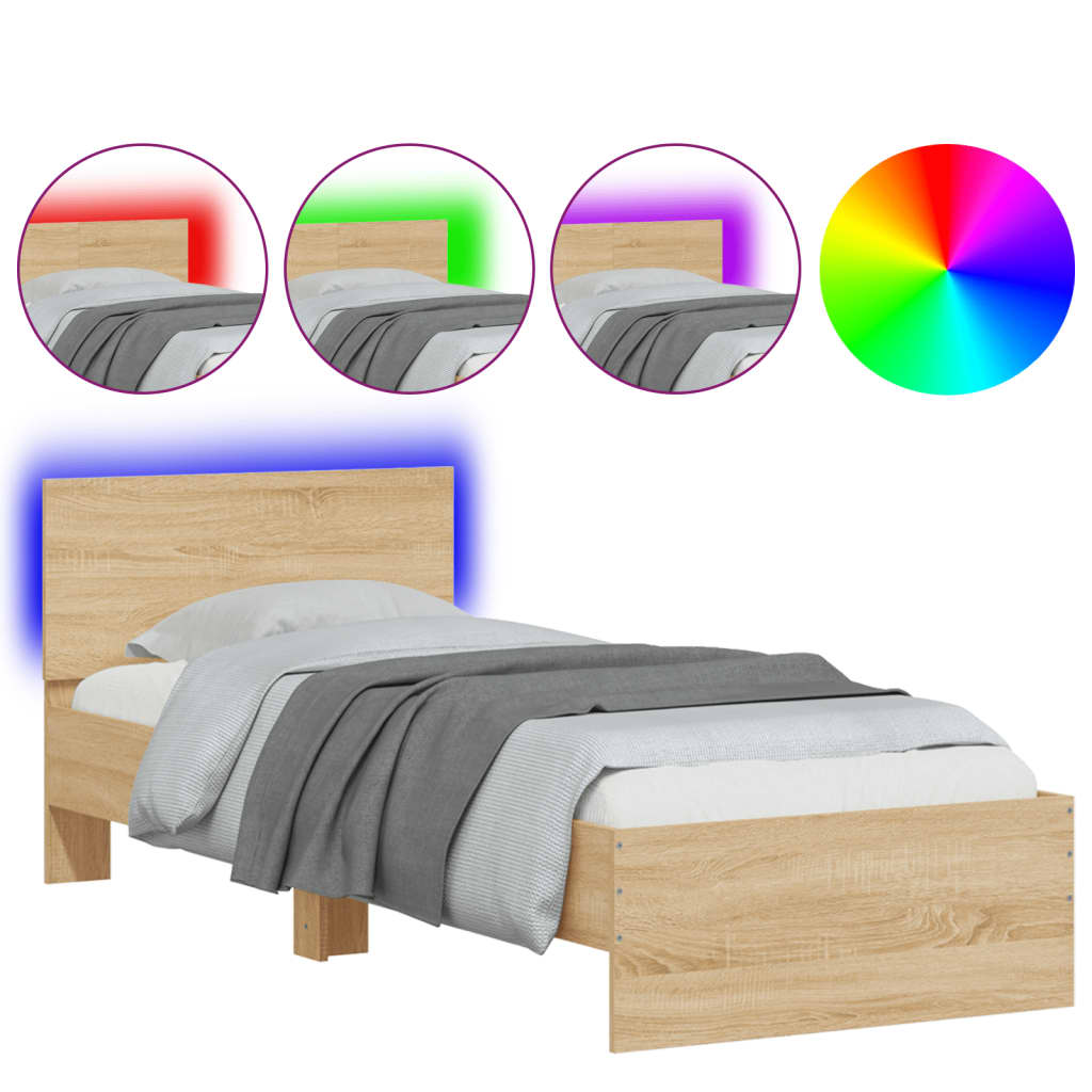 Bed Frame with Headboard and LED Lights Sonoma Oak 90x190 cm Single