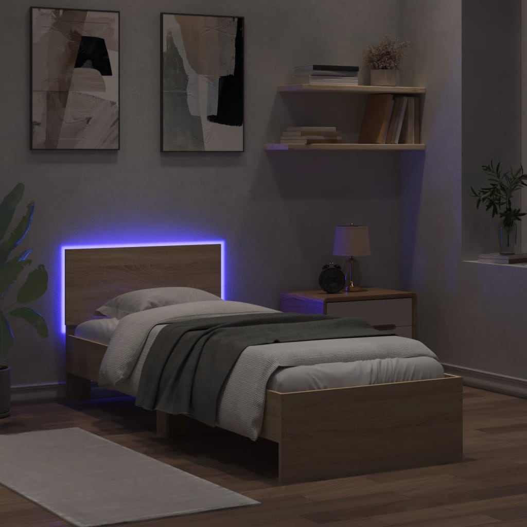 Bed Frame with Headboard and LED Lights Sonoma Oak 90x190 cm Single