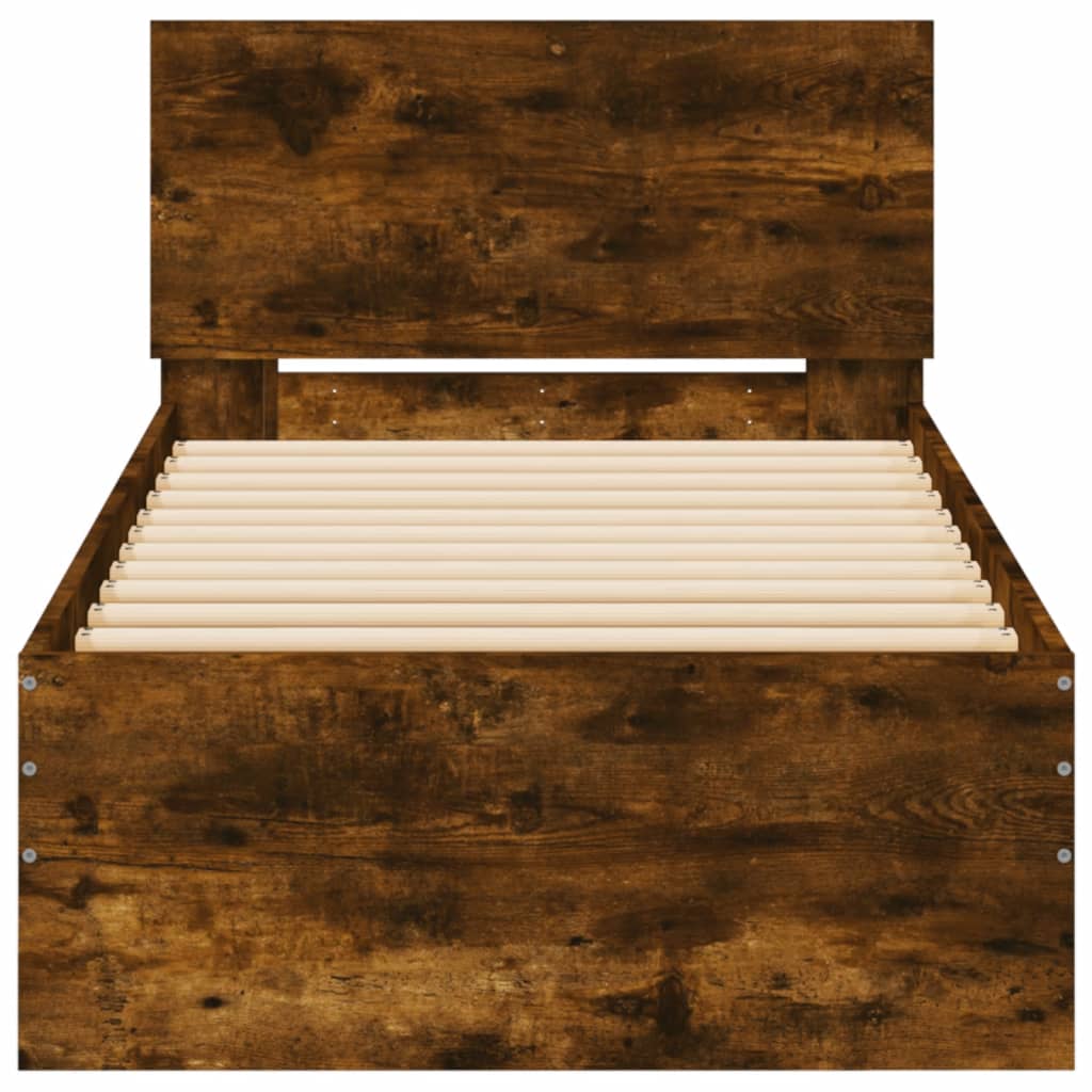 Bed Frame with Headboard and LED Lights Smoked Oak 90x190 cm Single