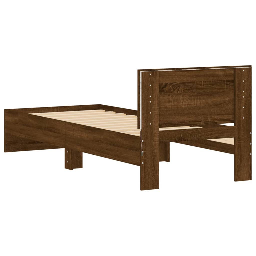 Bed Frame with Headboard and LED Lights Brown Oak 90x190 cm Single