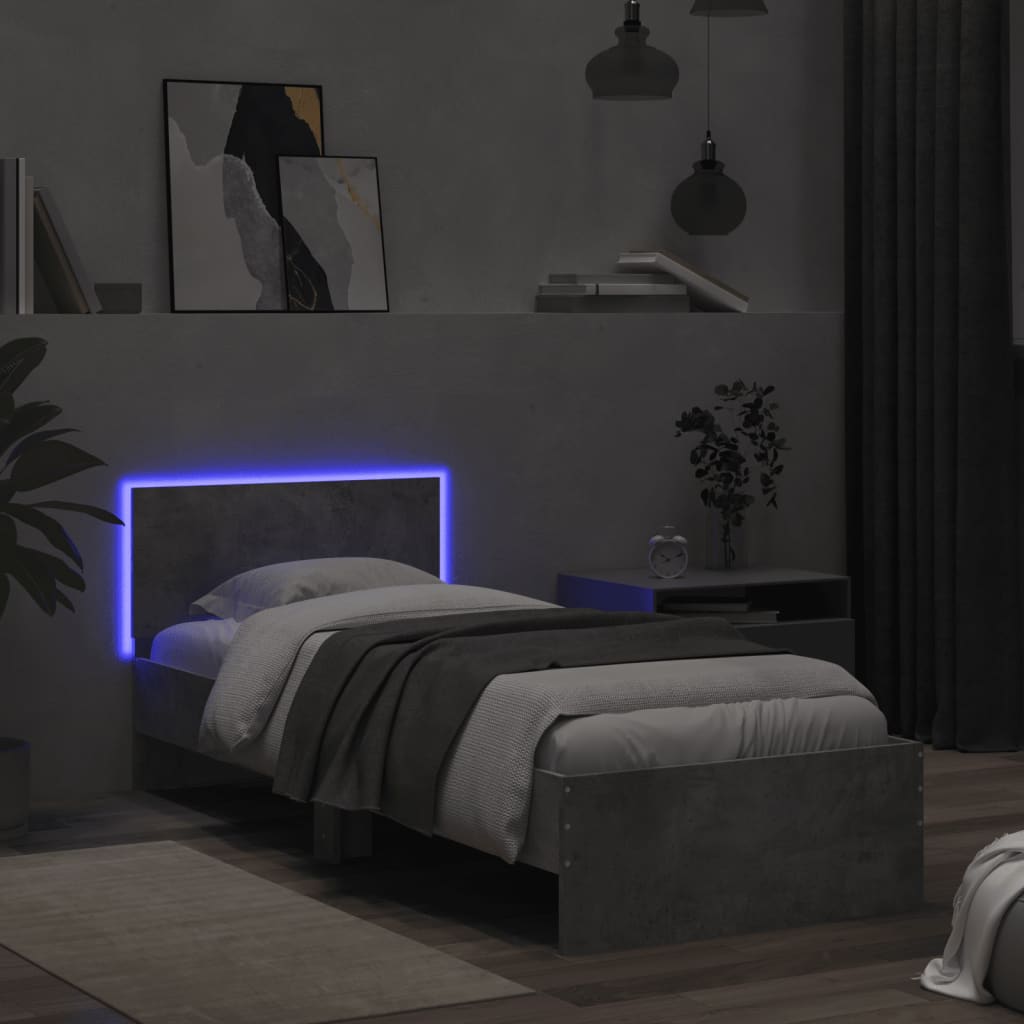 Bed Frame with Headboard and LED Lights Concrete Grey 75x190 cm Small Single