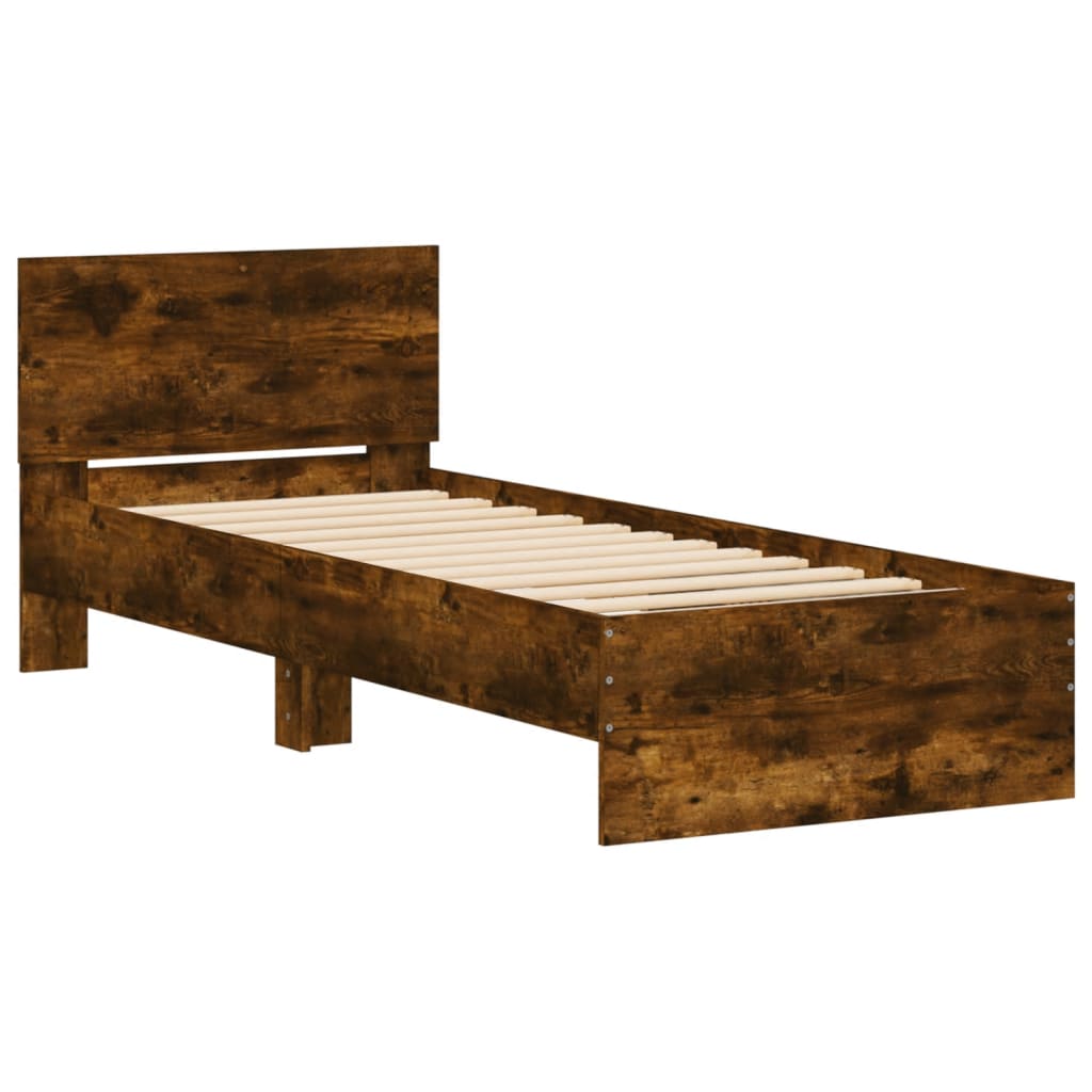 Bed Frame with Headboard and LED Lights Smoked Oak 75x190 cm Small Single