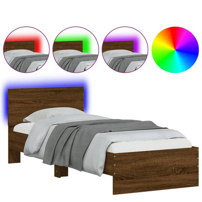 Bed Frame with Headboard and LED Lights Brown Oak 75x190 cm Small Single