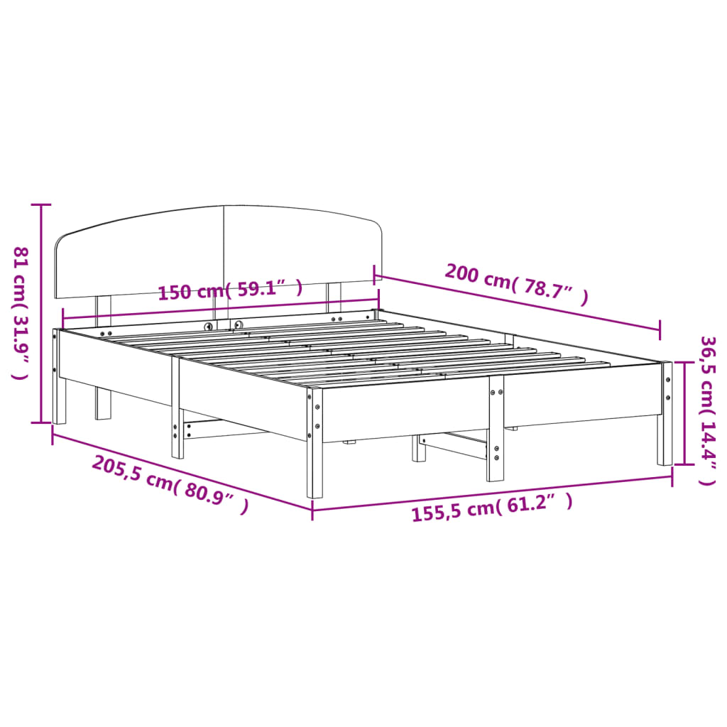 Bed Frame with Headboard White 150x200 cm King Size Solid Wood Pine