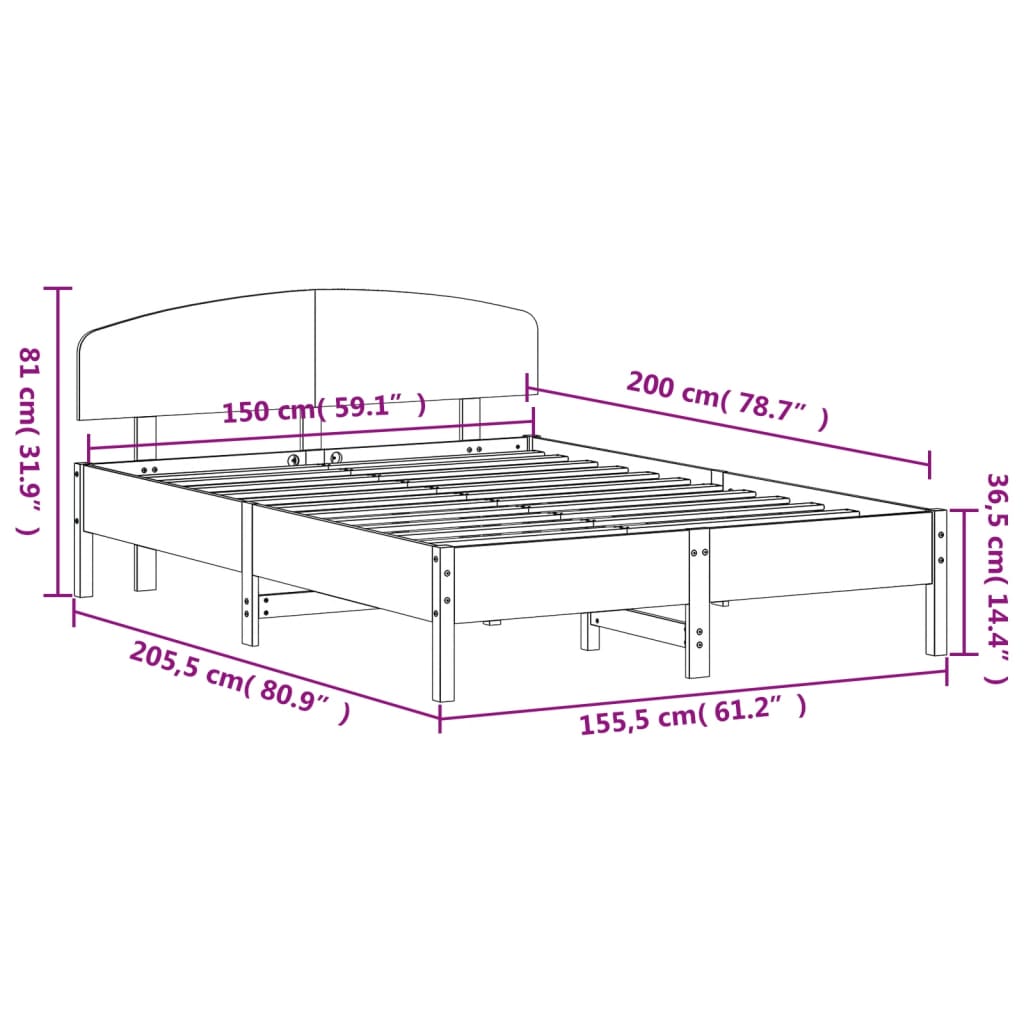 Bed Frame with Headboard Wax Brown 150x200 cm King Size Solid Wood Pine