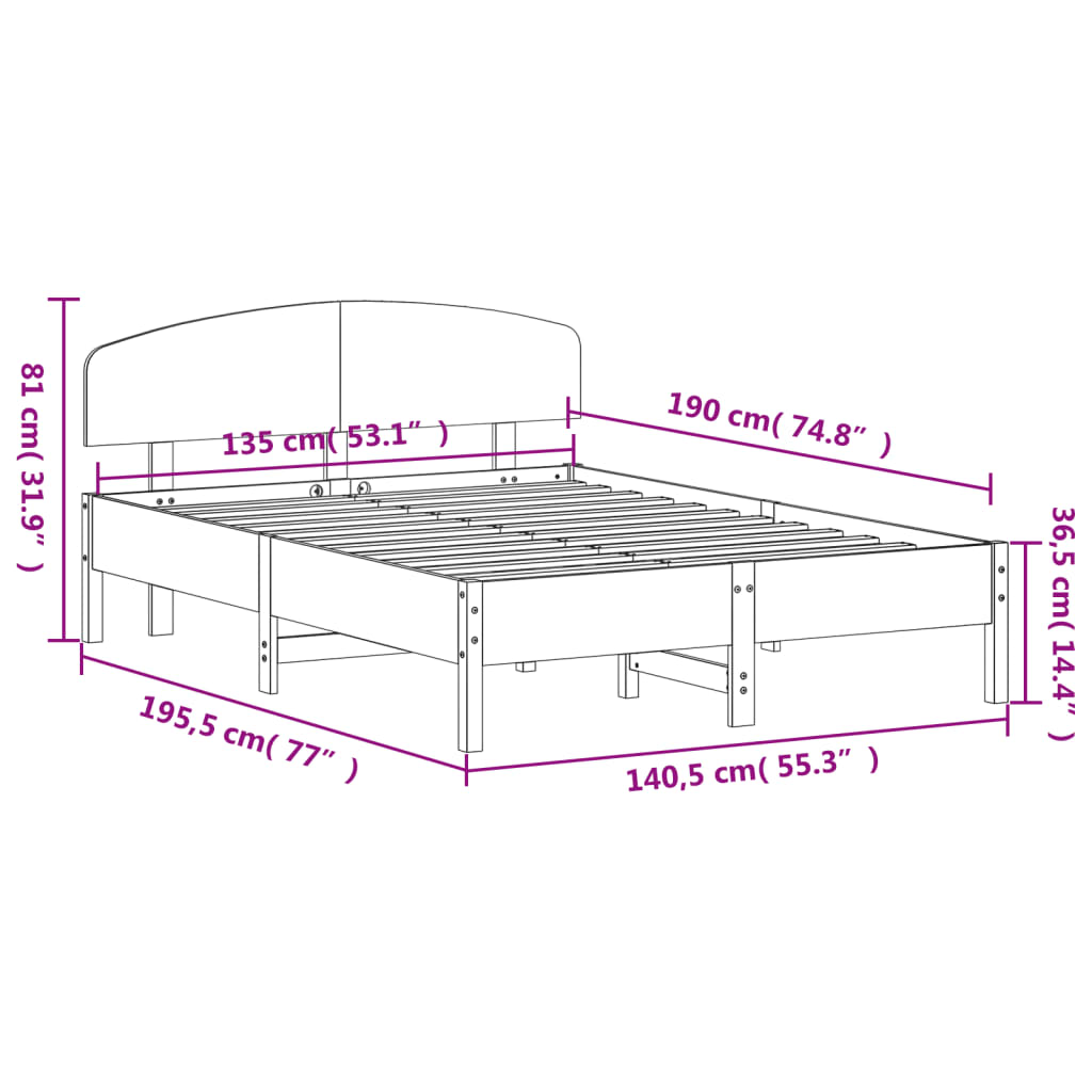 Bed Frame with Headboard Wax Brown 135x190 cm Double Solid Wood Pine