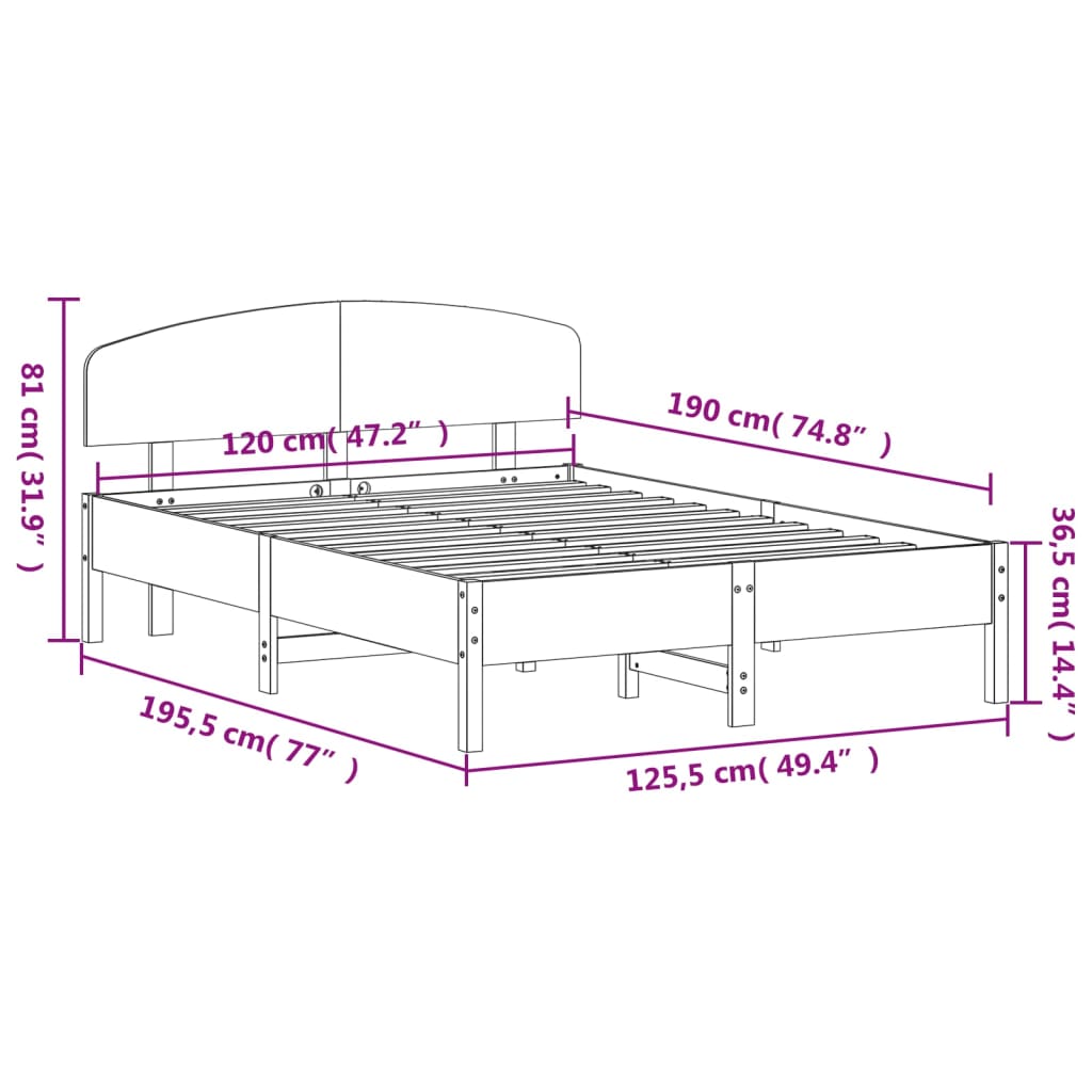 Bed Frame with Headboard 120x190 cm Small Double Solid Wood Pine