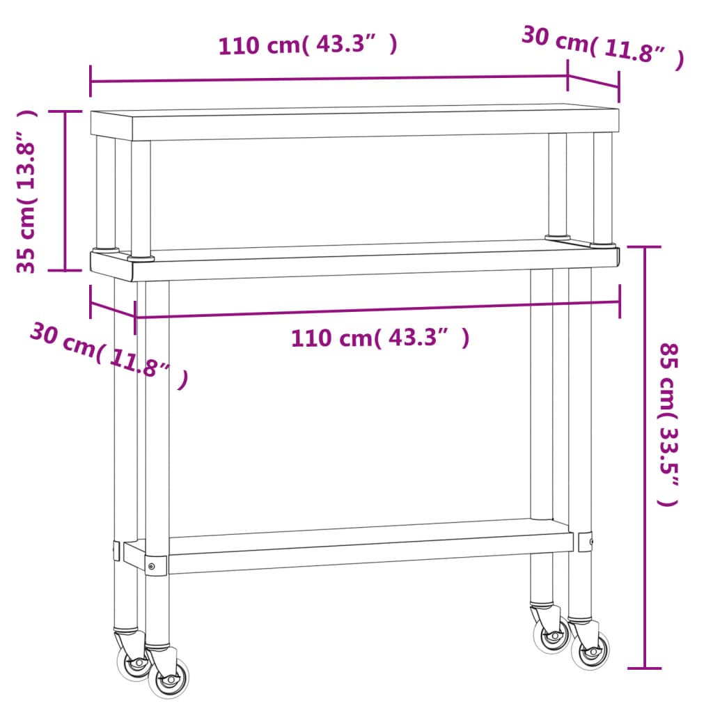 Kitchen Work Table with Overshelf 110x30x120 cm Stainless Steel