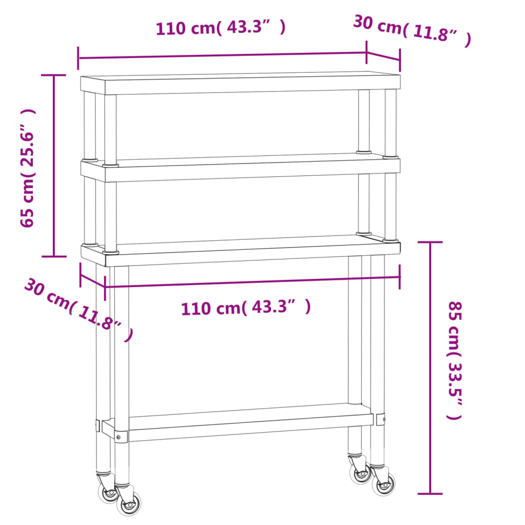 Kitchen Work Table with Overshelf 110x30x150 cm Stainless Steel