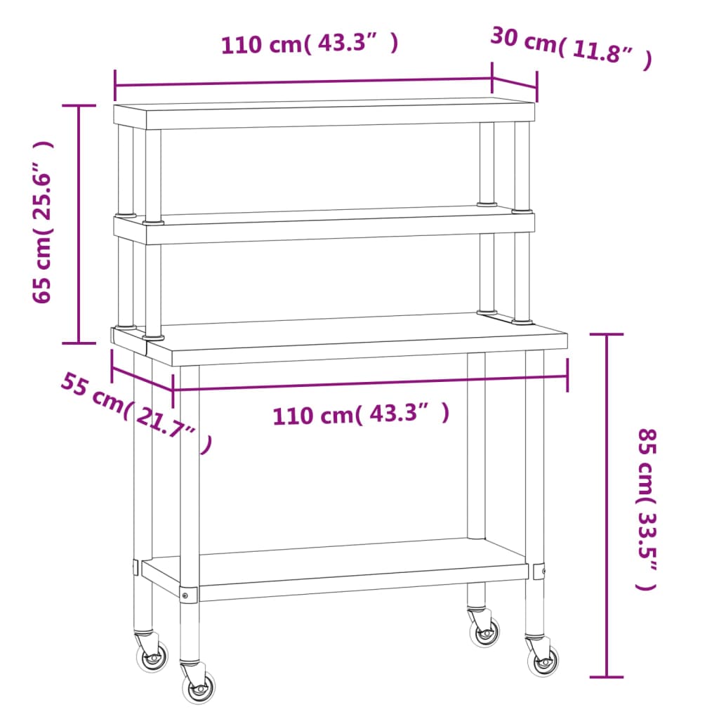 Kitchen Work Table with Overshelf 110x55x150 cm Stainless Steel