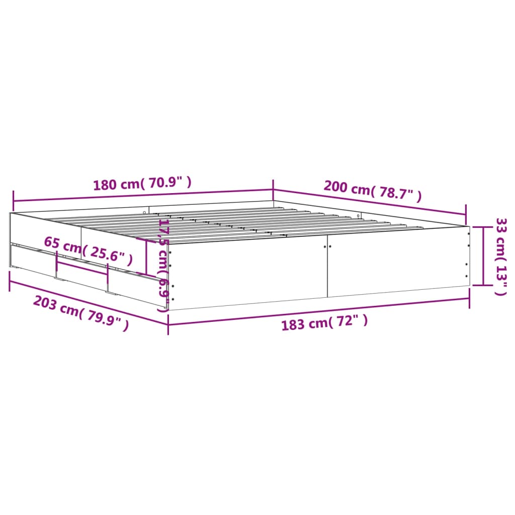 Bed Frame with Drawers without Mattress White 180x200 cm Super King