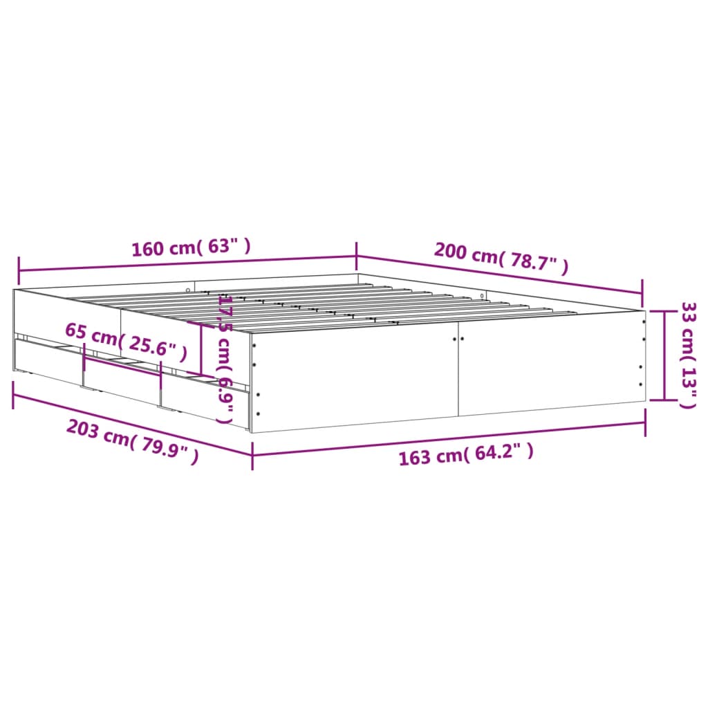 Bed Frame with Drawers without Mattress Concrete Grey 160x200 cm